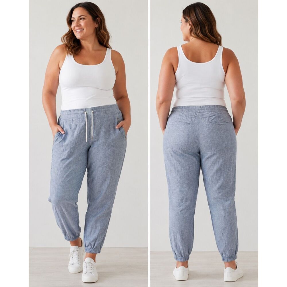 Athleta Cabo Linen Tapered Jogger Baby Blue Straight leg Size 16 #786